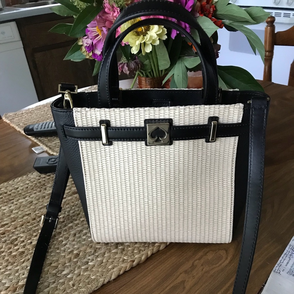 Black Leather & Natural Straw Tote